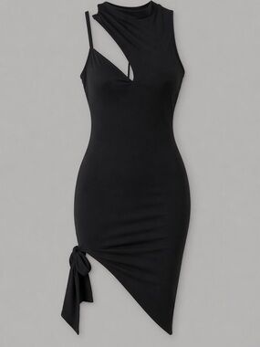 BEBE Womens Black Bow Asymmetrical Hem Sleeveless Knee Length Body Con Dress